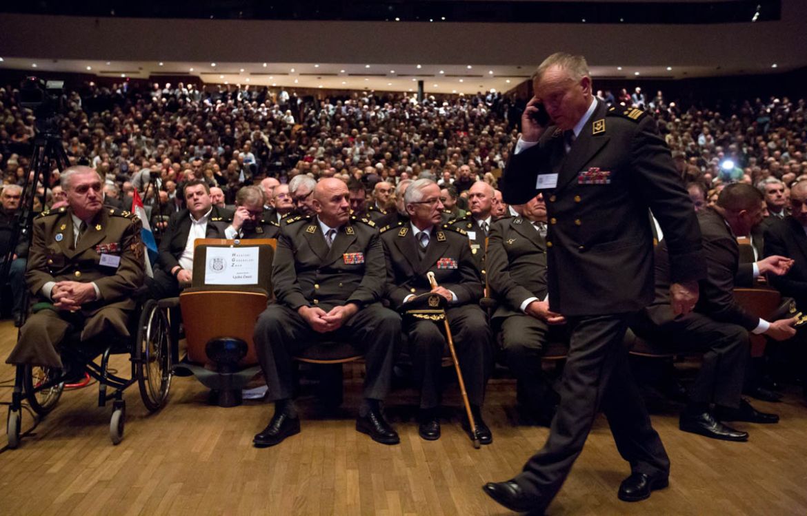 Retired Croatian Army officers attend a commemoration ceremony honoring late Croatian general Slobodan Praljak convicted of war crimes who died after apparently taking poison at a United Nations tribu