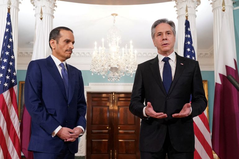U.S. Secretary of State Antony Blinken speaks during his meeting with Qatar’s Prime Minister and Foreign Minister Sheikh Mohammed bin Abdulrahman Al Thani at the State Department in Washington