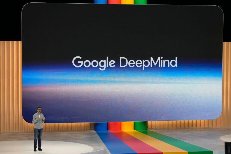 Alphabet CEO Sundar Pichai speaks about Google DeepMind at a Google I/O event in Mountain View, Calif., Wednesday, May 10, 2023. Google on Thursday, Feb. 7, 2024, introduced a free artificial intelligence app that will implant the technology on smartphones to enable people to quickly connect to a digital brain that can write for them, interpret what they're reading and seeing in addition to helping manage their lives.