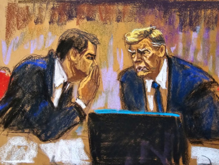 A sketch of Todd Blanche whispering into Donald Trump's ear.