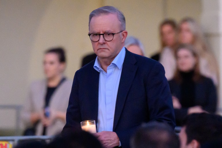 Australian Prime minister Anthony Albanese attends a candlelight vigil for the victims of a stabbing attack at the Bondi Junction Westfield shopping centre in Sydney on April 21