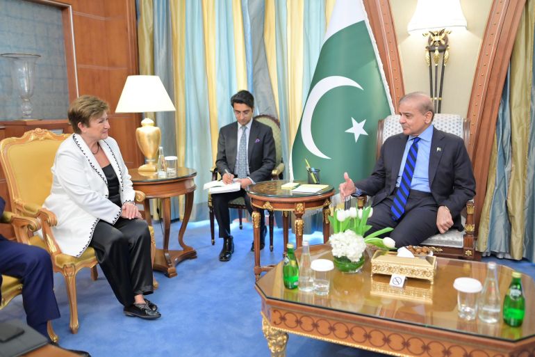 Pakistani prime minister Shehbaz Sharif held a meeting with IMF chief Kristalina Georgieva in Riyadh on Sunday. [Handout/Prime Minister's Office]